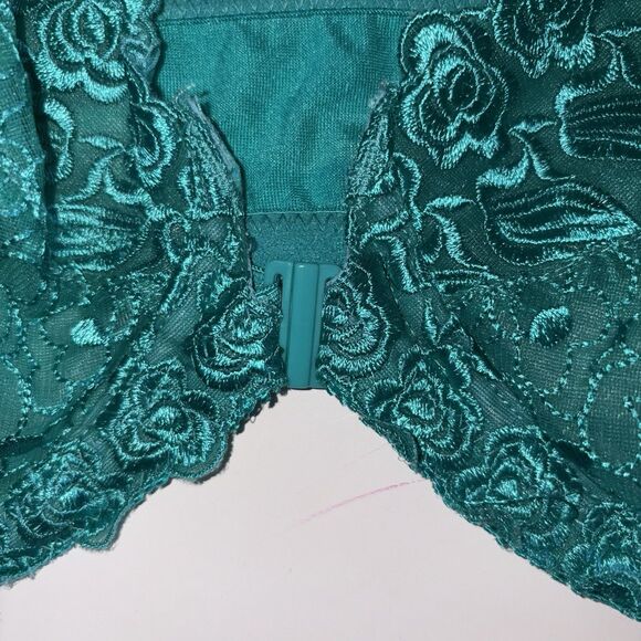 Amoureuse Green Lace Embroidered Underwire Bra Front Close Size 40C Unlined - Picture 2 of 8